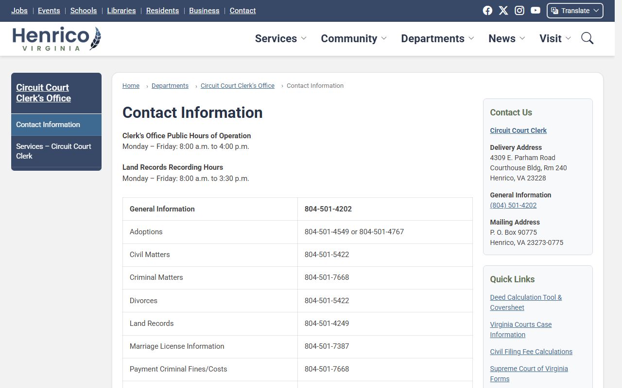 Henrico County Circuit Court Clerk contact information for court records