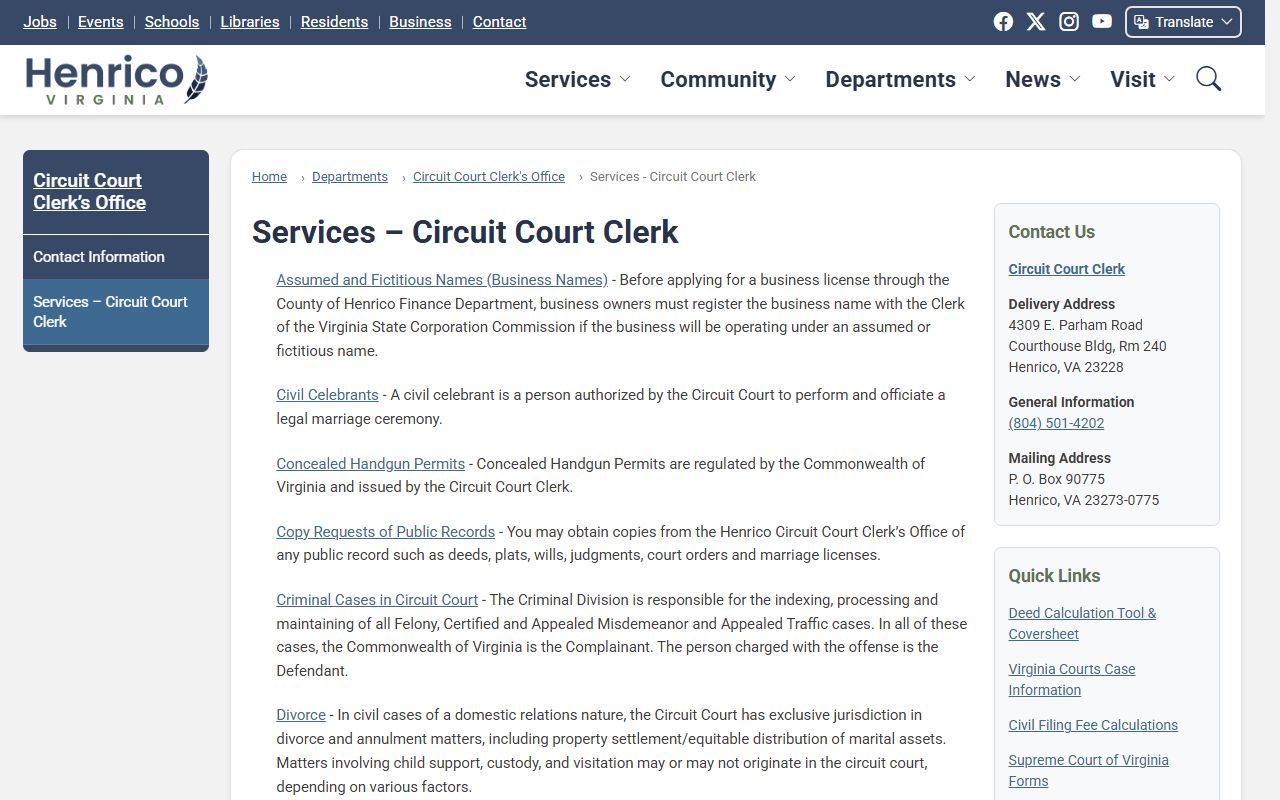 Henrico County Circuit Court Clerk services for court records