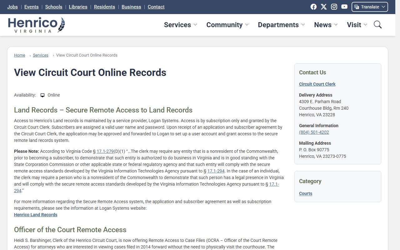 Henrico County circuit online records and remote access from the Clerk
