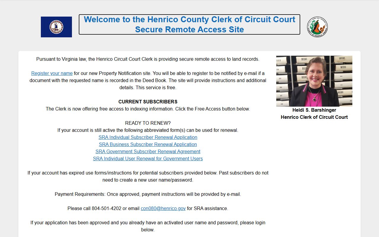 Henrico County SRA land records portal from the Circuit Court Clerk