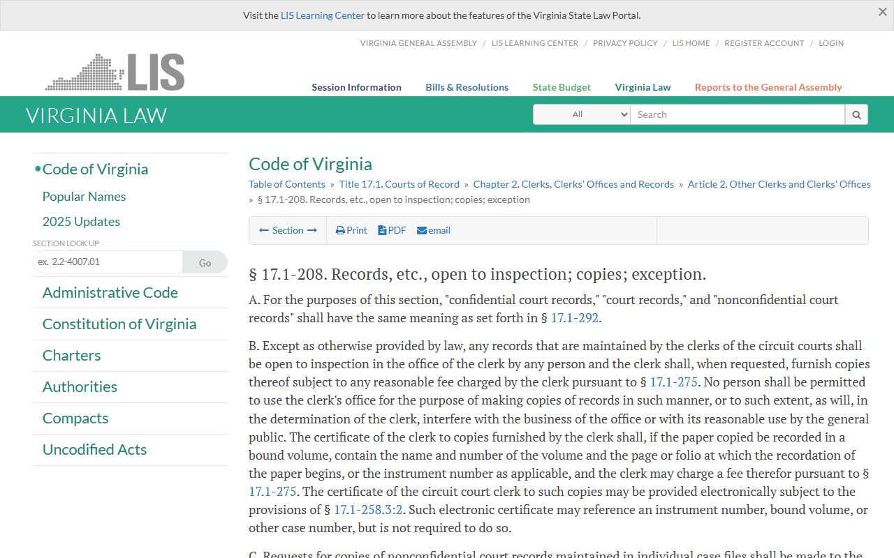Virginia circuit court records inspection statute for Henrico County
