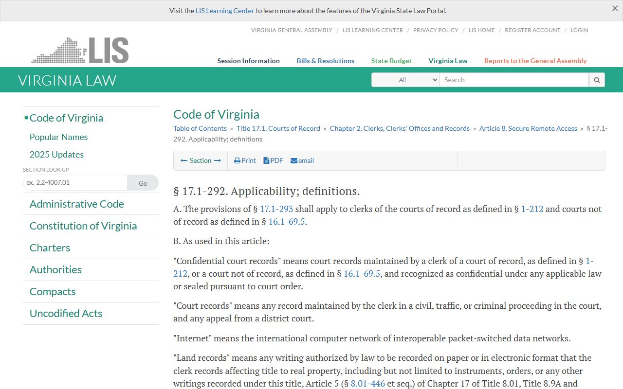Virginia statute on Henrico County circuit court records remote access limits