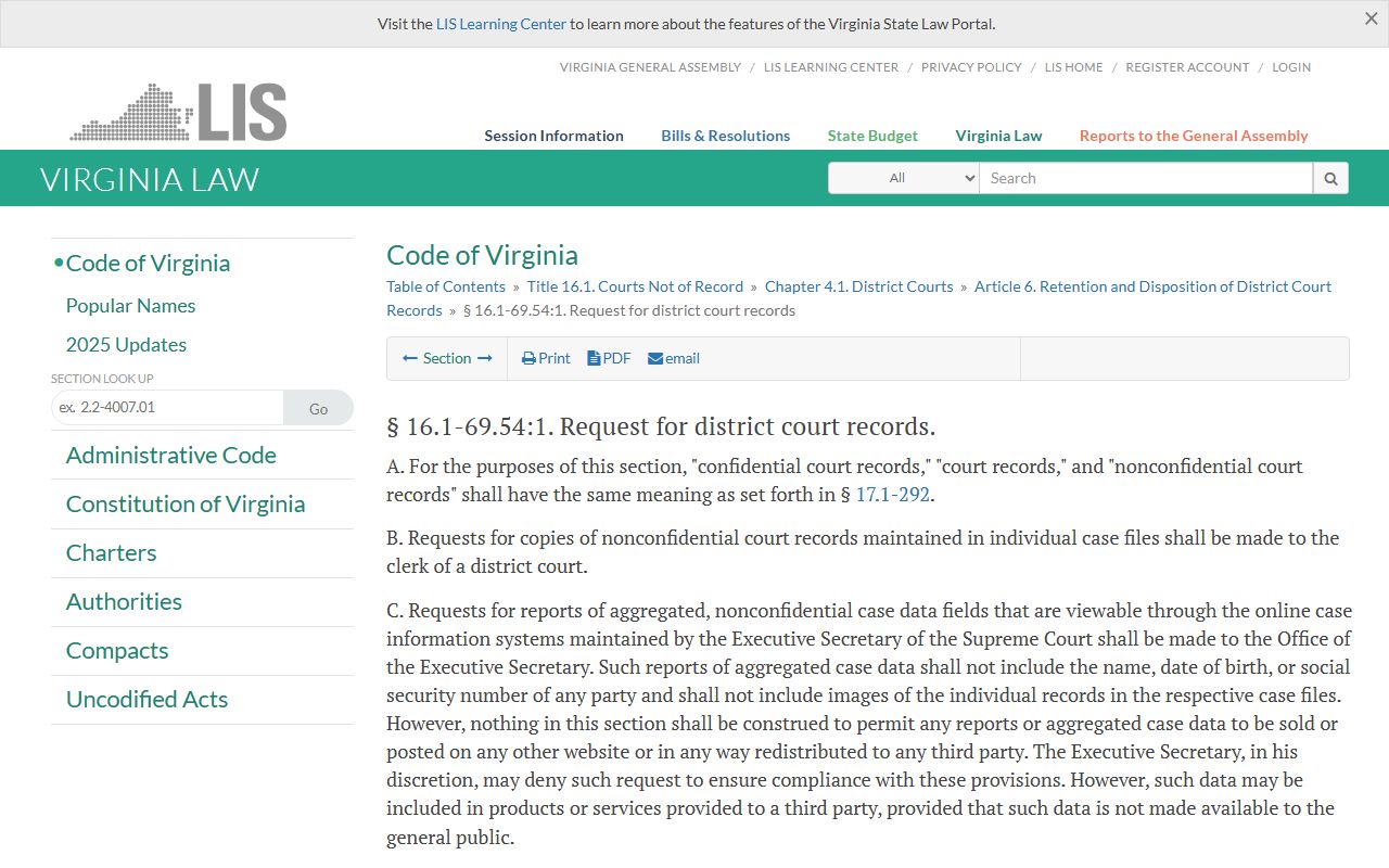 Virginia General District Court records access statute for Henrico County