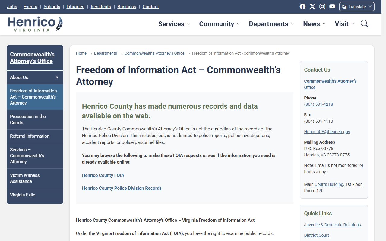 Henrico County Commonwealth's Attorney FOIA page for criminal records