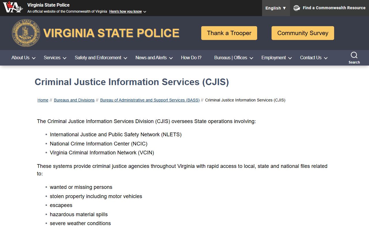 Virginia State Police CJIS for Henrico County criminal records