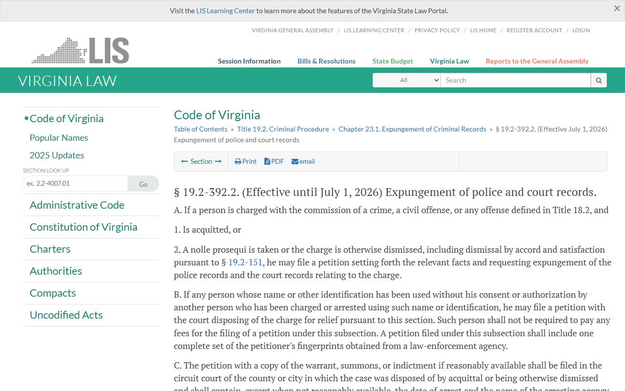 Virginia expungement statute for Henrico County criminal records