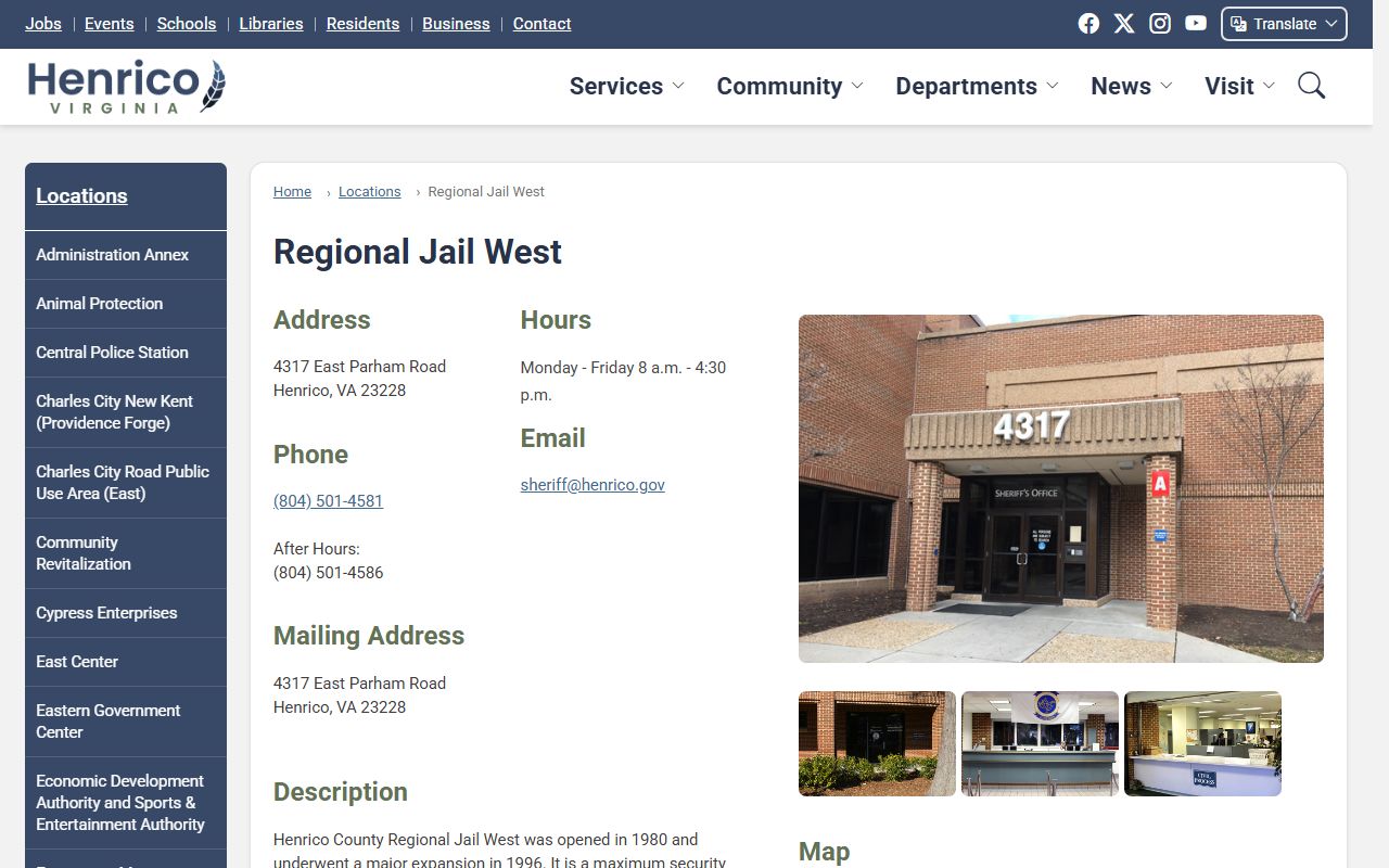 Henrico County Regional Jail West page for inmate population context