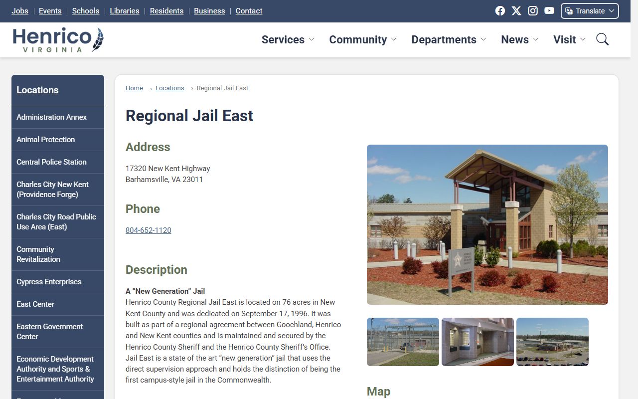 Henrico County Regional Jail East page for inmate population data