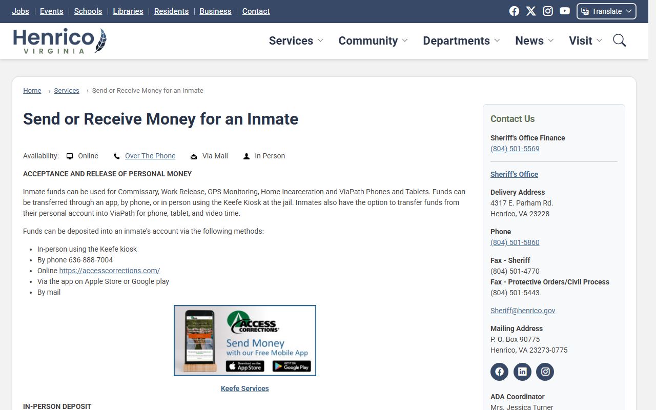 Henrico County deposit money page for the jail population