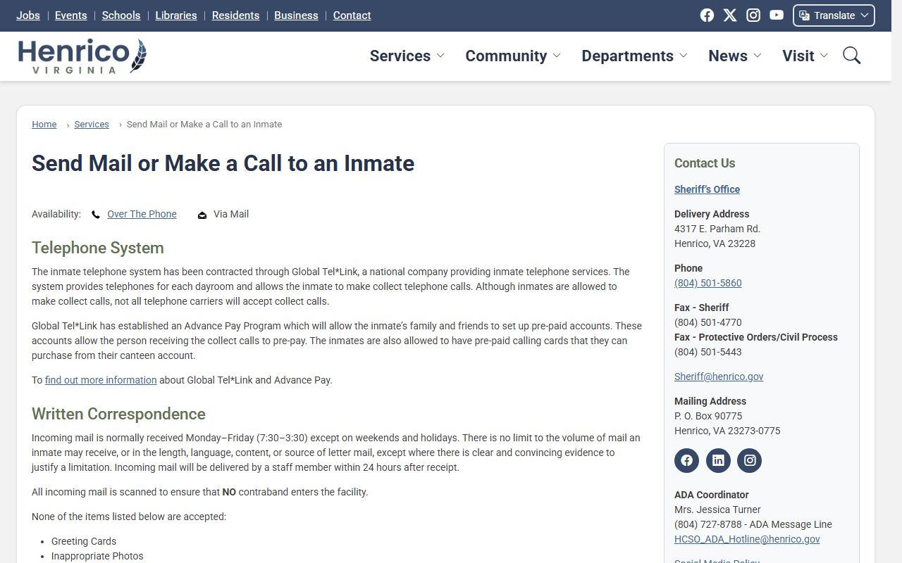 Henrico County inmate mail rules for the jail population
