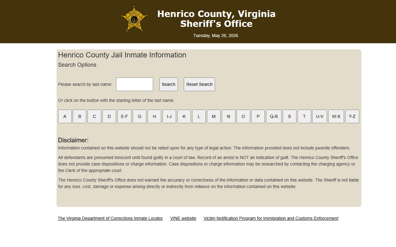 Henrico County inmate records search on the Sheriff website