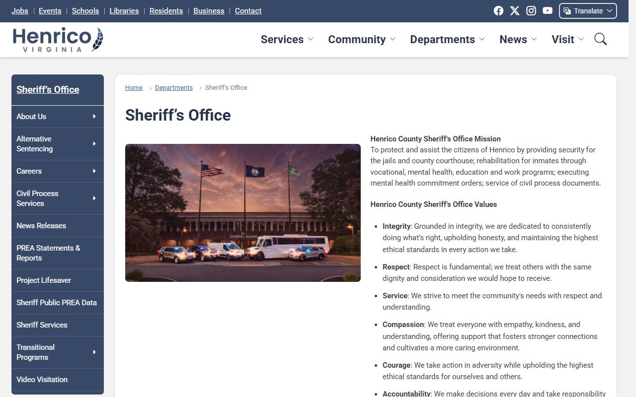 Henrico County Sheriff homepage for inmate records and jail information