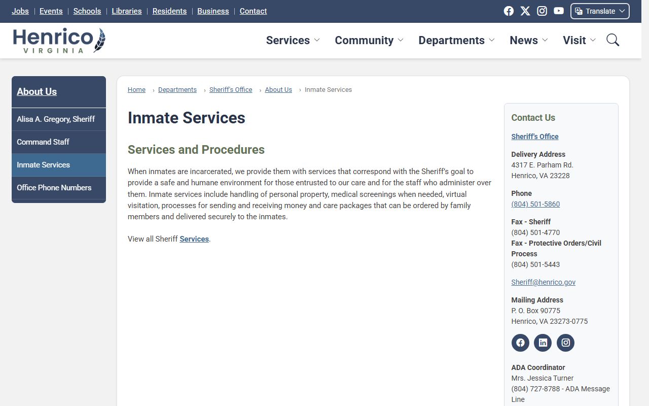Henrico County inmate services overview for inmate records