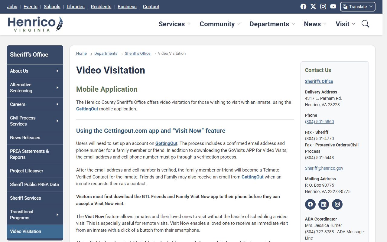 Henrico County video visitation for inmate records