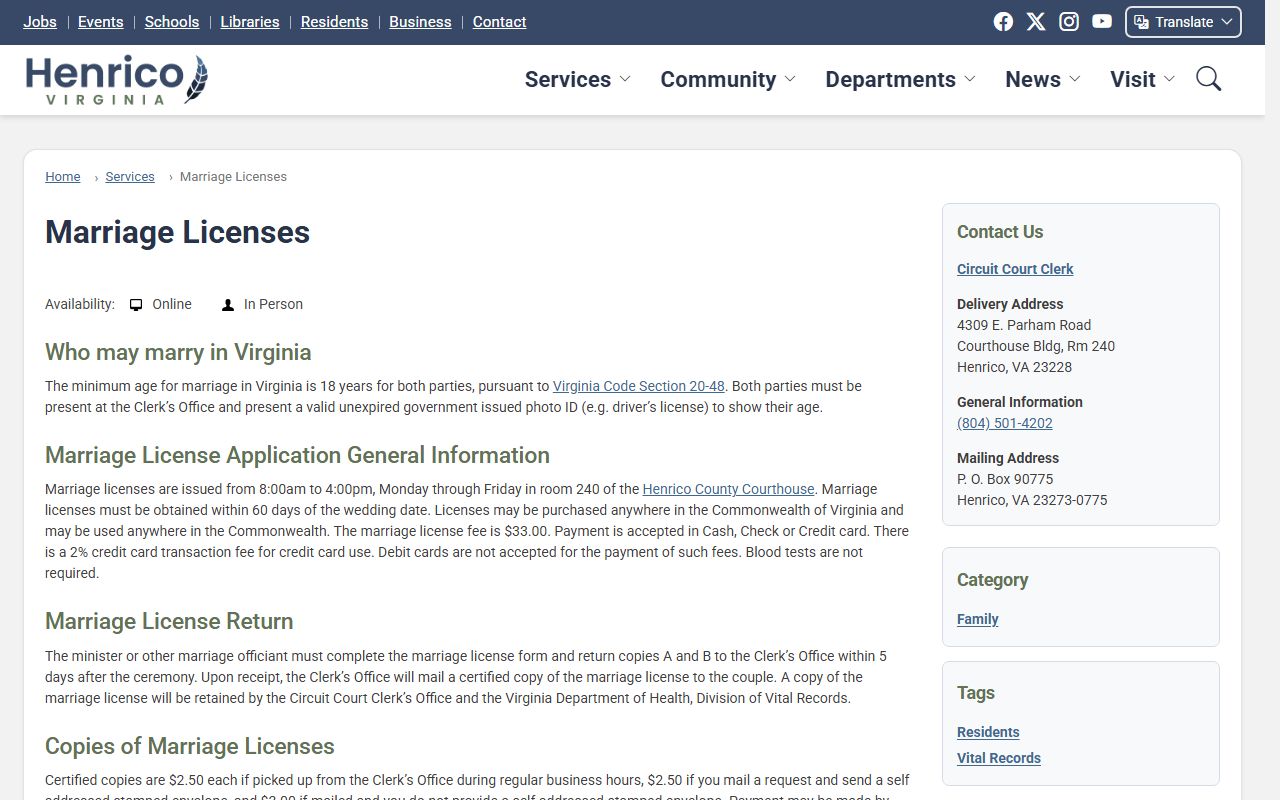 Henrico County marriage license rules and records page