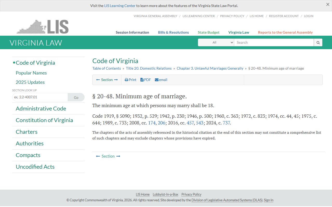 Virginia minimum marriage age statute for Henrico County marriage records
