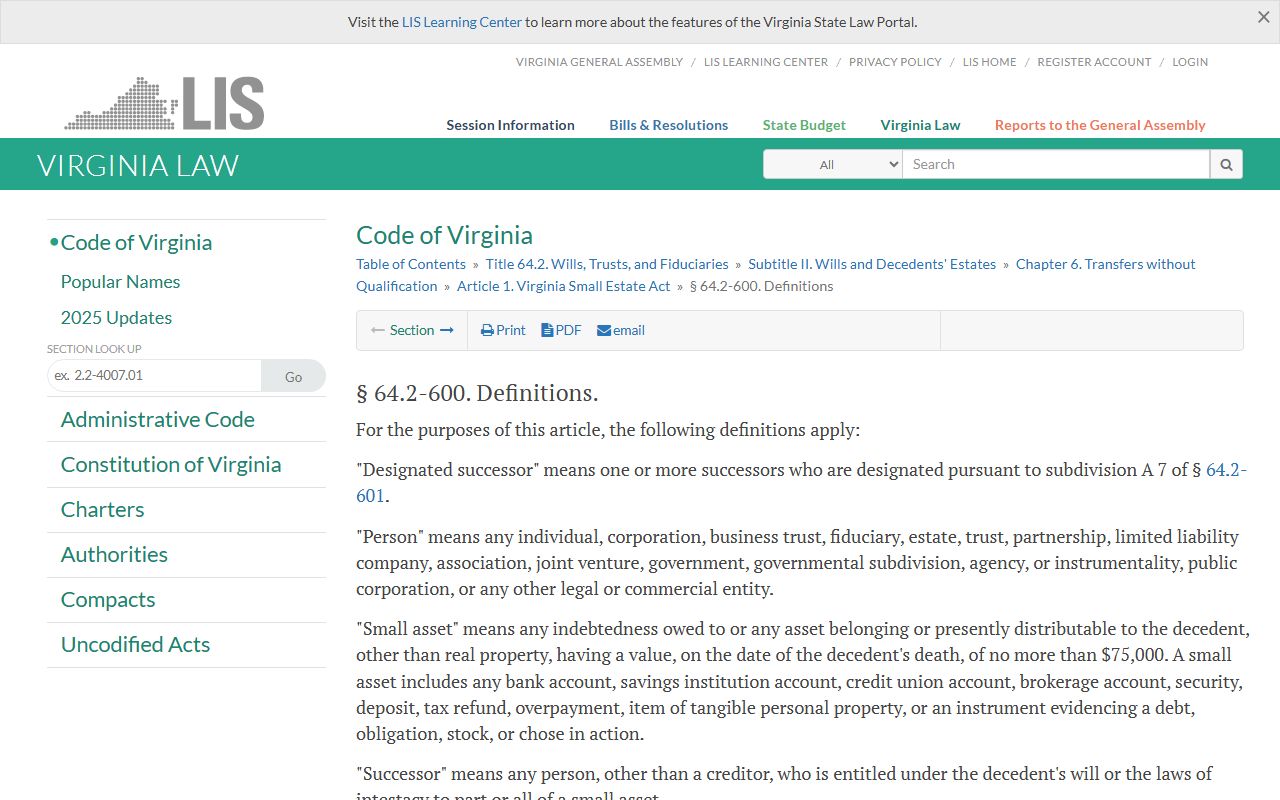 Virginia small estate affidavit statute for Henrico County probate records