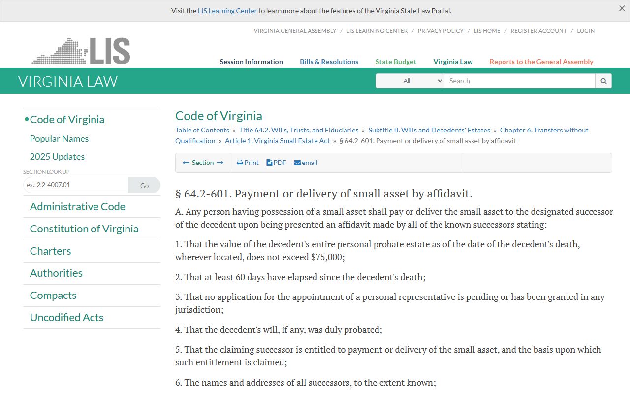 Virginia small estate affidavit procedure statute for Henrico probate
