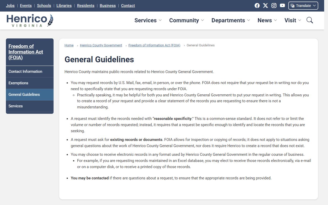 Henrico County FOIA general guidelines for public records requests