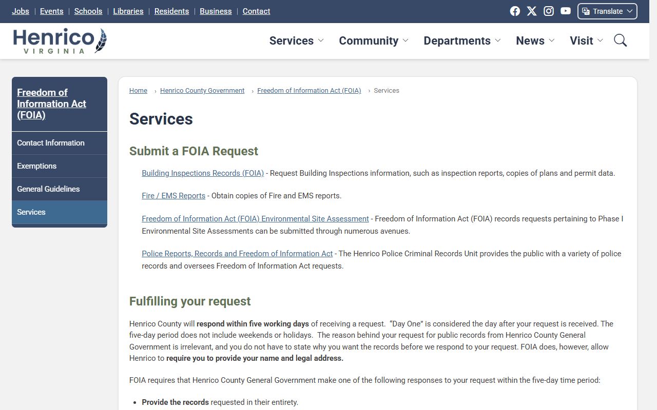 Henrico County FOIA services page for public records response times