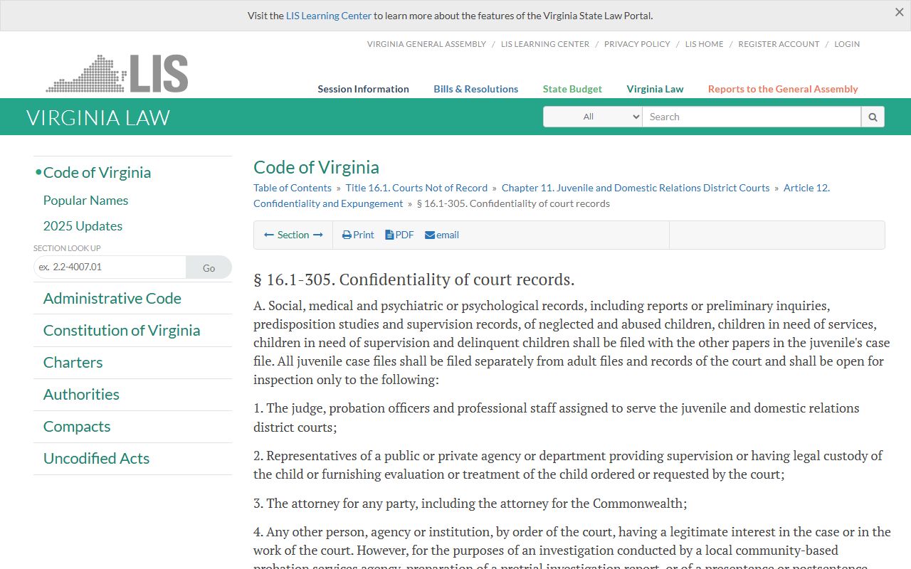 Virginia juvenile court records confidentiality statute for Henrico warrants