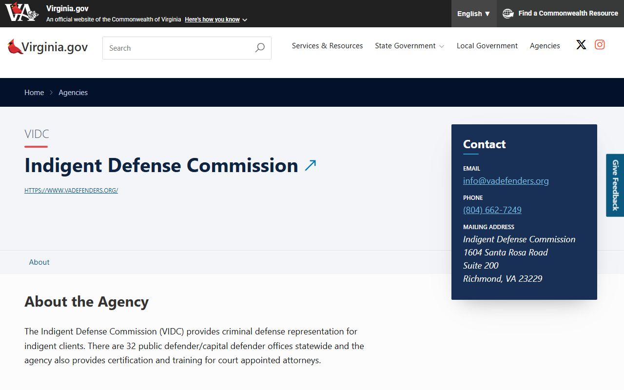 Virginia.gov Indigent Defense Commission agency profile for Henrico warrants